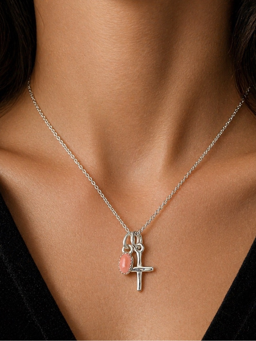 Sterling Silver Pink Conch & Cross Charm Necklace – 16” + 2” Extender
